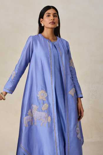 Nitika Gujral Blue Chanderi Round Neck Applique Kurta Set Online at Aza Fashions Nitika Gujral_Blue Chanderi Round Neck Applique Kurta Set _Online_at_Aza_Fashions