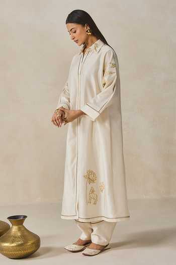 Buy_Nitika Gujral_Ivory Chanderi Collared Shirt Kurta With Salwar _Online_at_Aza_Fashions