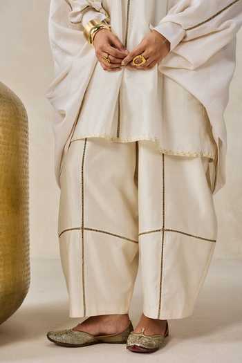 Shop_Nitika Gujral_Ivory Chanderi Open Neck, V-neck, Yes Applique Jacket Kurta Set _Online_at_Aza_Fashions