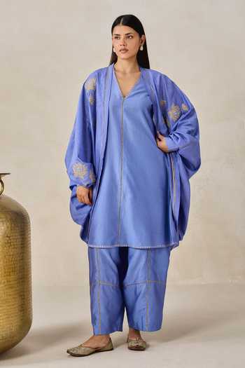 Buy Nitika Gujral Blue Chanderi V-neck, Yes Jacket Salwar Set Online at Aza Fashions Buy_Nitika Gujral_Blue Chanderi V-neck, Yes Jacket Salwar Set _Online_at_Aza_Fashions