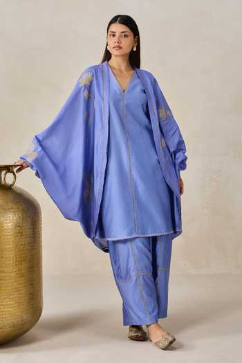 Shop Nitika Gujral Blue Chanderi V-neck, Yes Jacket Salwar Set Online at Aza Fashions Shop_Nitika Gujral_Blue Chanderi V-neck, Yes Jacket Salwar Set _Online_at_Aza_Fashions