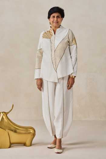 Nitika Gujral Ivory Chanderi Mandarin Collar Short Jacket Style Kurta And Pant Set Online at Aza Fashions Nitika Gujral_Ivory Chanderi Mandarin Collar Short Jacket Style Kurta And Pant Set _Online_at_Aza_Fashions