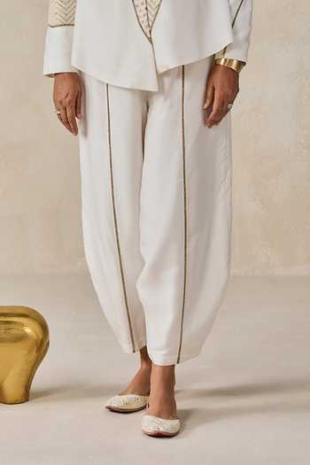 Shop Nitika Gujral Ivory Chanderi Mandarin Collar Short Jacket Style Kurta And Pant Set Online at Aza Fashions Shop_Nitika Gujral_Ivory Chanderi Mandarin Collar Short Jacket Style Kurta And Pant Set _Online_at_Aza_Fashions