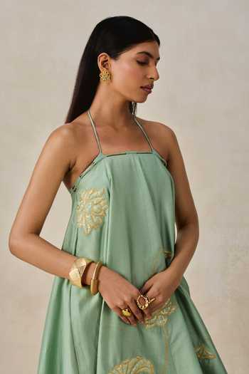 Nitika Gujral_Green Chanderi Halter Neck Applique Midi Dress _Online_at_Aza_Fashions