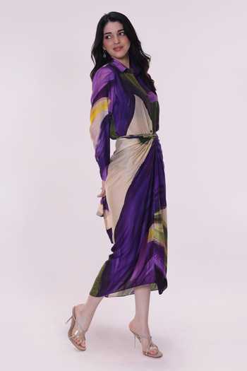 Poppi_Multi Color Bemberg Collared Floral Printed Shirt And Skirt Set _Online_at_Aza_Fashions