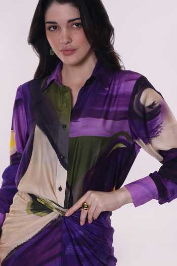 Poppi_Multi Color Bemberg Collared Floral Printed Shirt And Skirt Set _at_Aza_Fashions
