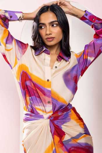 Poppi_Multi Color Bemberg Collared Floral Printed Shirt And Skirt Set _Online_at_Aza_Fashions