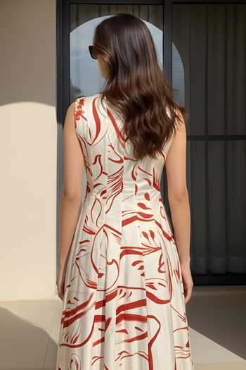 Poppi_White Bemberg Square Neck Sleeveless Printed Flared Maxi Dress _Online_at_Aza_Fashions