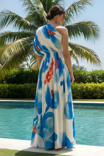 Poppi One Shoulder Pleated Printed Dress 