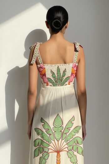 Poppi_White Bemberg Square Neck Floral Placement Print Midi Dress _Online_at_Aza_Fashions