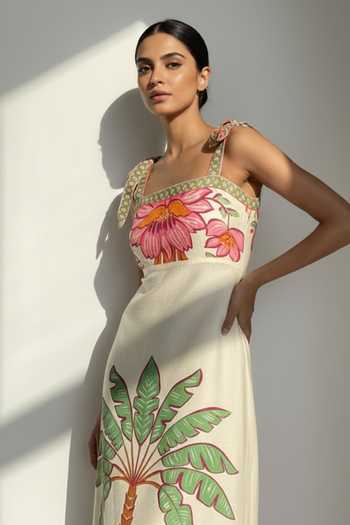 Buy_Poppi_White Bemberg Square Neck Floral Placement Print Midi Dress _Online_at_Aza_Fashions