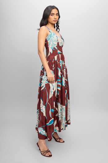 Poppi_Maroon Bemberg Scoop Neck Strappy Printed Maxi Dress _Online_at_Aza_Fashions