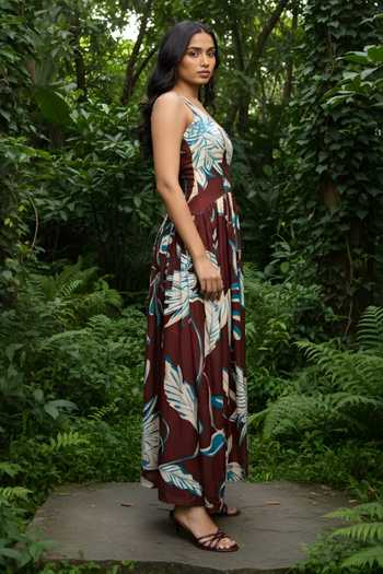 Buy_Poppi_Maroon Bemberg Scoop Neck Strappy Printed Maxi Dress _Online_at_Aza_Fashions