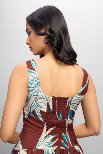 Poppi_Maroon Bemberg Scoop Neck Strappy Printed Maxi Dress _at_Aza_Fashions