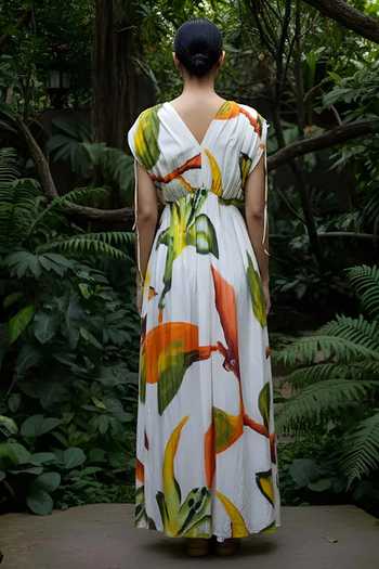 Shop Poppi White Bemberg V-neck Printed Maxi Dress at Aza Fashions Shop_Poppi_White Bemberg V-neck Printed Maxi Dress_at_Aza_Fashions