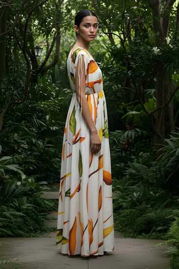 Shop Poppi White Bemberg V-neck Printed Maxi Dress Online at Aza Fashions Shop_Poppi_White Bemberg V-neck Printed Maxi Dress_Online_at_Aza_Fashions