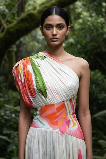 Poppi_White Bemberg Asymmetric, One Shoulder Floral Printed Pleated Dress _Online_at_Aza_Fashions