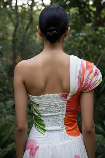 Buy_Poppi_White Bemberg Asymmetric, One Shoulder Floral Printed Pleated Dress _Online_at_Aza_Fashions