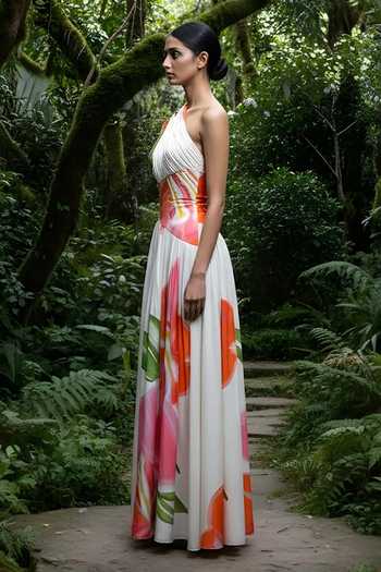 Shop_Poppi_White Bemberg Asymmetric, One Shoulder Floral Printed Pleated Dress _Online_at_Aza_Fashions