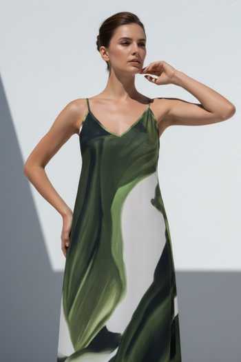 Poppi_Green Bemberg V-, Open Printed Dress And Cape Set _Online_at_Aza_Fashions