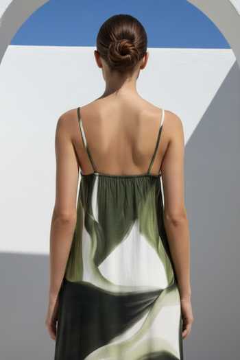 Buy_Poppi_Green Bemberg V-, Open Printed Dress And Cape Set _Online_at_Aza_Fashions