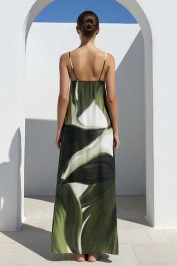 Shop_Poppi_Green Bemberg V-, Open Printed Dress And Cape Set _Online_at_Aza_Fashions