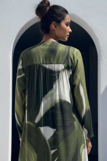 Poppi_Green Bemberg V-, Open Printed Dress And Cape Set _at_Aza_Fashions
