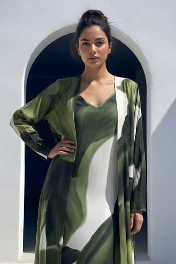 Buy_Poppi_Green Bemberg V-, Open Printed Dress And Cape Set 