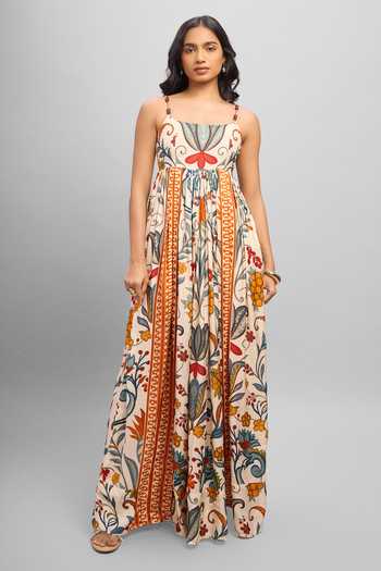 Poppi_Multi Color Silk, Bemberg Square Neck Printed Dress _Online_at_Aza_Fashions
