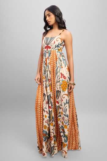 Shop_Poppi_Multi Color Silk, Bemberg Square Neck Printed Dress _Online_at_Aza_Fashions