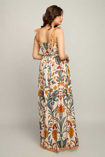 Poppi_Multi Color Silk, Bemberg Square Neck Floral Printed Tie-up Strap Dress _Online_at_Aza_Fashions