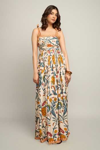 Buy_Poppi_Multi Color Silk, Bemberg Square Neck Floral Printed Tie-up Strap Dress _Online_at_Aza_Fashions