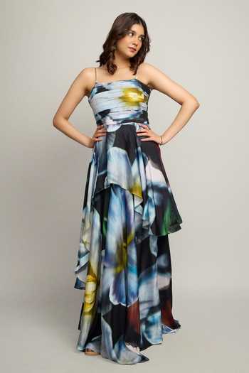 Buy_Poppi_Blue Bemberg Bandeau Neck Printed Maxi Dress _Online_at_Aza_Fashions