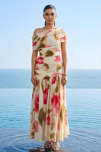 Poppi_Off White Silk, Bemberg Bandeau Neck Floral Print Ruched Dress _Online_at_Aza_Fashions