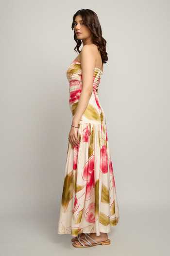 Buy_Poppi_Off White Silk, Bemberg Bandeau Neck Floral Print Ruched Dress _Online_at_Aza_Fashions