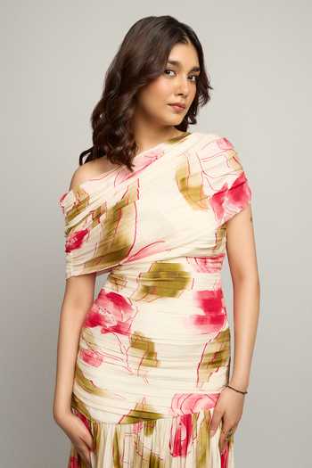 Buy_Poppi_Off White Silk, Bemberg Bandeau Neck Floral Print Ruched Dress 