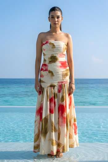 Shop_Poppi_Off White Silk, Bemberg Bandeau Neck Floral Print Ruched Dress 