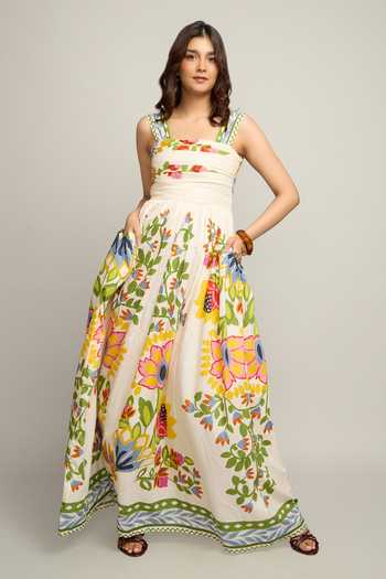 Poppi_Multi Color Bemberg Square Neck Floral Print Maxi Dress _at_Aza_Fashions