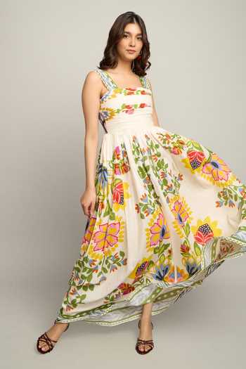 Buy_Poppi_Multi Color Bemberg Square Neck Floral Print Maxi Dress 