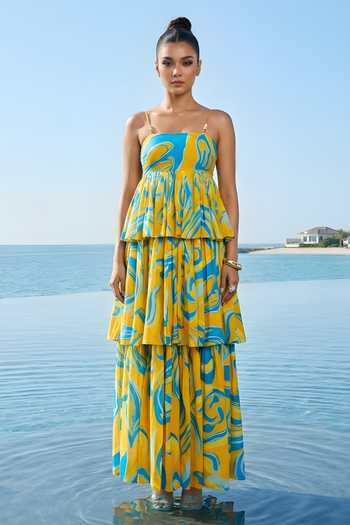 Shop_Poppi_Blue Bemberg Bandeau Neck Beaded Printed Maxi Dress _Online_at_Aza_Fashions
