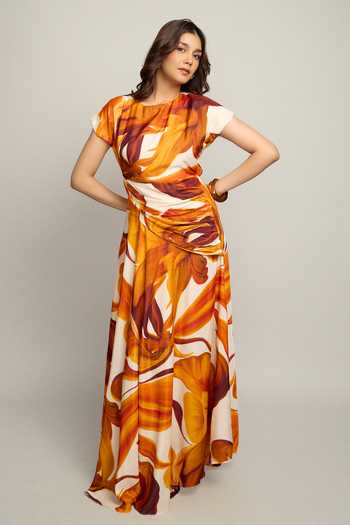 Poppi_Multi Color Bemberg Round Neck Printed Dress _Online_at_Aza_Fashions