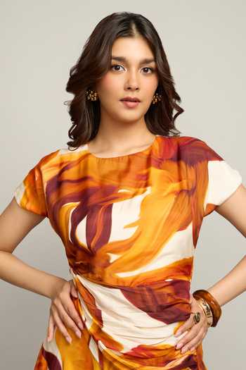 Poppi_Multi Color Bemberg Round Neck Printed Dress _at_Aza_Fashions