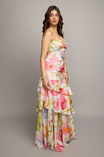 Poppi_Multi Color Bemberg Sweetheart Neck Floral Print Dress _at_Aza_Fashions