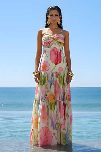 Poppi_Multi Color Bemberg Sweetheart Neck Floral Printed Maxi Dress _Online_at_Aza_Fashions