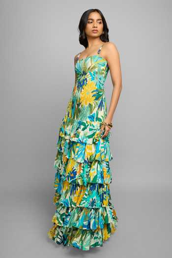 Poppi_Multi Color Silk, Bemberg Square Neck Smocked Bodice Floral Printed Dress _Online_at_Aza_Fashions