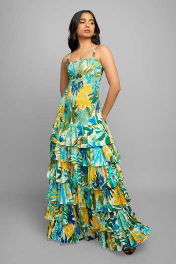 Buy_Poppi_Multi Color Silk, Bemberg Square Neck Smocked Bodice Floral Printed Dress _Online_at_Aza_Fashions