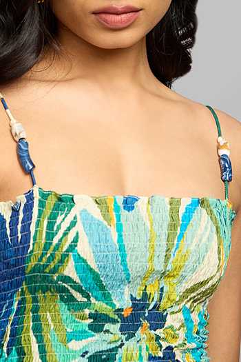 Shop_Poppi_Multi Color Silk, Bemberg Square Neck Smocked Bodice Floral Printed Dress _Online_at_Aza_Fashions