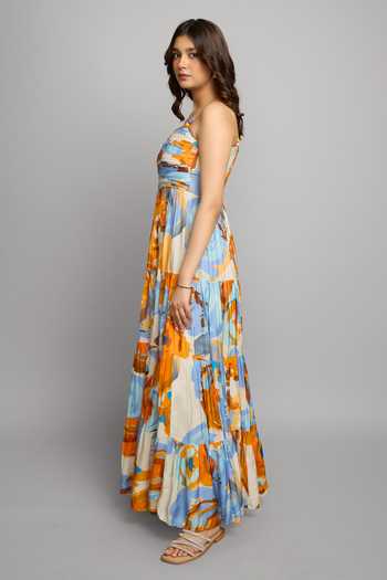 Poppi_Multi Color Silk, Bemberg Bandeau Neck Floral Printed Maxi Dress _Online_at_Aza_Fashions
