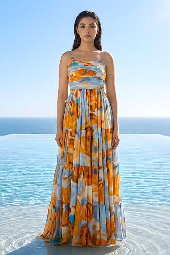 Buy_Poppi_Multi Color Silk, Bemberg Bandeau Neck Floral Printed Maxi Dress _Online_at_Aza_Fashions