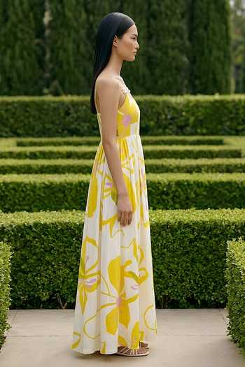 Buy_Poppi_White Bemberg Square Neck Floral Print Maxi Dress _Online_at_Aza_Fashions